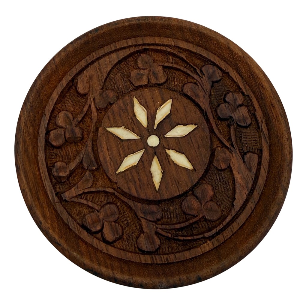 Vintage Busch Gardens Hand-Carved‎ Bone Inlay Wood Coaster Set - 6 Floral
